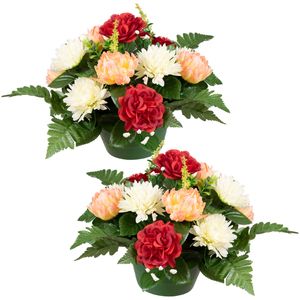 Kunstbloemen boeket crysanten in pot - 2x - zalm/rood/creme - D30 x H24 cm - Bloemstuk - Bladgroen