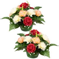 Kunstbloemen boeket crysanten in pot - 2x - zalm/rood/creme - D30 x H24 cm - Bloemstuk - Bladgroen - thumbnail