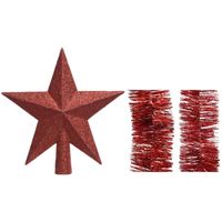 Kerstversiering kunststof glitter ster piek 19 cm en folieslingers pakket rood van 3x stuks