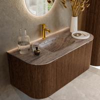 Badmeubel Mondiaz Kurve-Dlux | 100 cm | Meubelkleur Walnut | Wastafelkleur Oza | Solid surface | Wasbak midden spoelbak | 1 kraangat