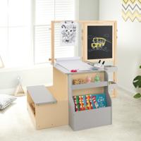 2-In-1 Houten Kinderbureau met Bankje Dubbelzijdig Verstelbaar Kinderbord met Papierrol & 5 Krijtjes Magnetische Ezel