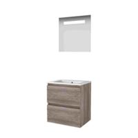 Basic-Line Economic 46 Badkamermeubelset - 60 x 46 cm - Greeploos - 2 Lades - Keramische Wastafel - 1 Kraangat - Spiegel met LED Verlichting - Scotch Oak