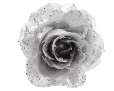 Roos op clip met glitters 14 cm zilver
