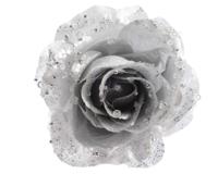 Roos op clip met glitters 14 cm zilver