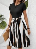 Bon&Bon Women's Colorblock A-Line Belted Dress - Blue Knee-Length Casual Multicolor / XS