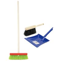 Speelgoed schoonmaak set stoffer en blik blauw met gekleurde bezem