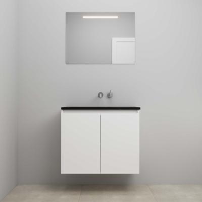 On-Line Badkamermeubelset - 80 cm - Bouwpakket - Greeploze Ladestructuur - Acryl Wastafel - zonder Kraangat - Spiegel met LED-Verlichting - Hoogglans Wit