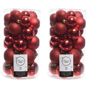 60x Kunststof kerstballen glanzend/mat/glitter rode kerstboom versiering/decoratie   -