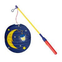 Bol lampion maan - donker blauw - 22 cm - papier - met lampionstokje - 43 cm