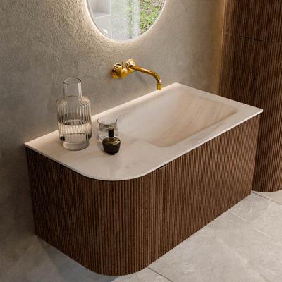 Badmeubel Mondiaz Kurve-Dlux | 85 cm | Meubelkleur Walnut | Wastafelkleur Meli | Solid surface | Wasbak rechter zijde spoelbak | Zonder kraangat(en)