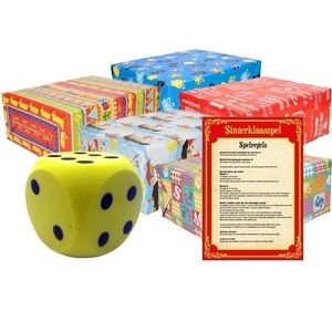 Sinterklaasavond/pakjesavond spel dobbelsteen geel en 12x cadeaupapier/inpakpapier rollen   -