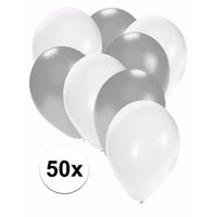 50x ballonnen - 27 cm - zilver / witte versiering - thumbnail
