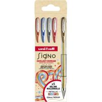 Uni-ball roller Signo Metallic, medium punt, geassorteerde kleuren, etui van 5 stuks