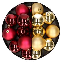 24x stuks kunststof kerstballen mix van donkerrood en goud 6 cm - Kerstbal - thumbnail