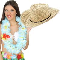 Carnaval verkleed set - Tropische Hawaii party - strohoed - met volle bloemenslinger in lichtblauw - thumbnail