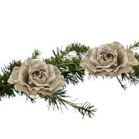 2x stuks kerstboom bloemen roos champagne glitter op clip 10 cm - thumbnail