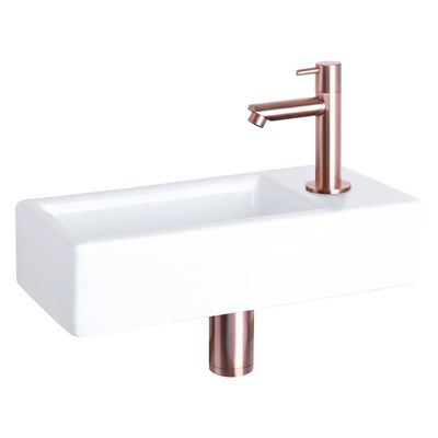 Differnz Hura fonteinset - 37.5x18.5x9cm - Rechthoek - 1 kraangat - Koper rose rechte kraan - Keramiek Wit 38.005.17