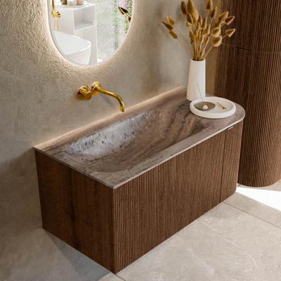 Badmeubel Mondiaz Kurve-Dlux | 95 cm | Meubelkleur Walnut | Wastafelkleur Oza | Solid surface | Wasbak linker zijde spoelbak | Zonder kraangat(en)