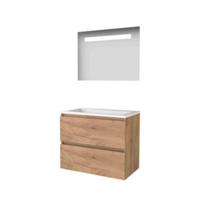 Basic-Line Economic 46 Badkamermeubelset - 80 x 46 cm - Greeploos - 2 Lades - Acryl Wastafel - Zonder Kraangat - Spiegel met LED Verlichting - Whisky Oak