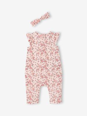 Bedrukt setje pakje + hoofdband baby meisje roze (poederkleur)