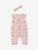 Bedrukt setje pakje + hoofdband baby meisje roze (poederkleur)