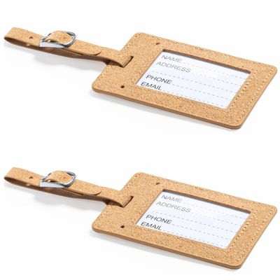 Kofferlabel van eco friendly kurk - 2x - beige - 10 x 6 cm - reiskoffer/handbagage labels - bandje m