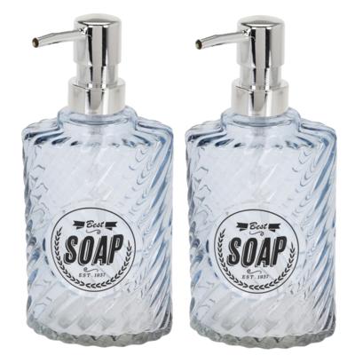 Items Zeeppompje/dispenser - 2x - 17 cm - glas - blauw - 300 ml - navulbaar - toilet/badkamer/keuken