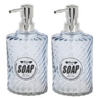 Items Zeeppompje/dispenser - 2x - 17 cm - glas - blauw - 300 ml - navulbaar - toilet/badkamer/keuken
