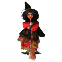 Halloween decoratie heksen pop op bezem - 20 cm - zwart/rood