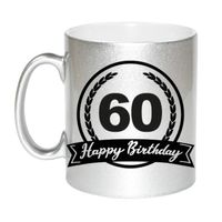 Happy Birthday 60 years met wimpel cadeau koffiemok / theebeker zilver 330 ml   -