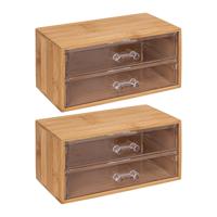 2x stuks sieraden/make-up organizer - 2 lades - 19 x 12 cm - rechthoek - bamboe/kunststof - opbergen