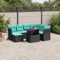 8-delige tuinbankset met kussens, zwart polyrotan