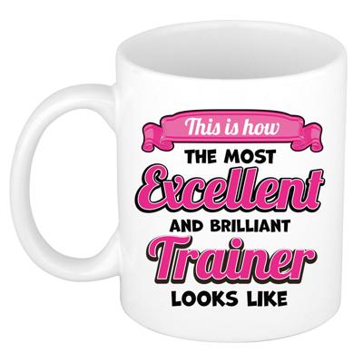 Cadeau koffie/thee mok trainer/coach - excellent trainer - wit - keramiek - 300 ml