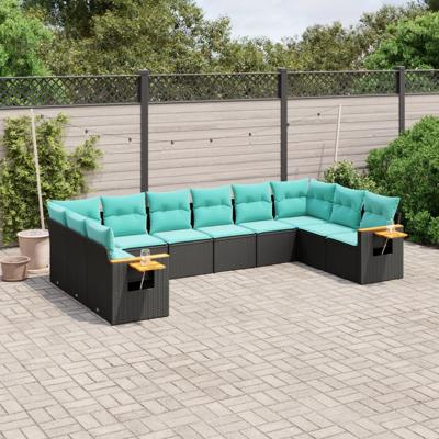 10-delige Loungeset met kussens poly rattan zwart