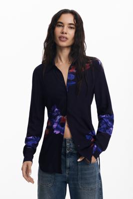 Vloeiende blouse met bloemen en plooien - BLACK - S