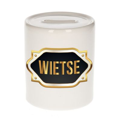 Naam cadeau spaarpot Wietse met gouden embleem Naam cadeau spaarpot Wietse met gouden embleem
