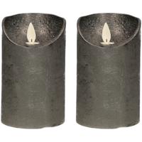 Led kaars/stompkaars - 2x - antraciet grijs - H12,5 x D7,5 cm - wax - warm wit licht - bewegende vla