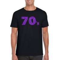 Zwart 70s t-shirt met paarse glitters heren - thumbnail