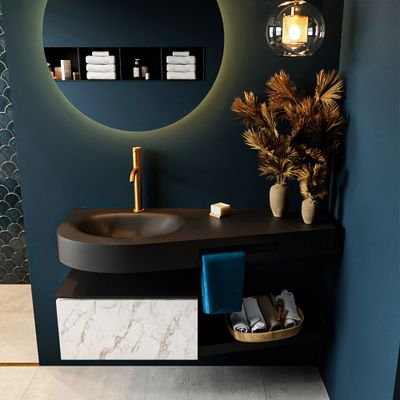 MONDIAZ RIVA 120cm badmeubel onderkast / planchet kleur carrara met 1 lade. Wastafel DULCET links 1 kraangat kleur Urban. MONDIAZ RIVA 120cm badmeubel onderkast / planchet kleur carrara met 1 lade. Wastafel DULCET links 1 kraangat kleur Urban.