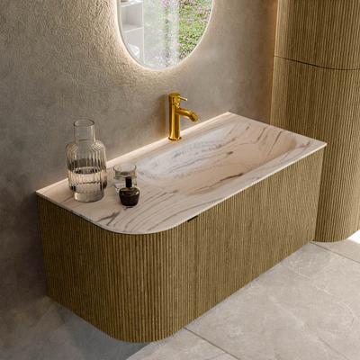 Badmeubel Mondiaz Kurve-Dlux | 95 cm | Meubelkleur Dusk | Wastafelkleur Nata | Solid surface | Wasbak rechter zijde spoelbak | 1 kraangat