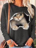 Women's Funny 3D Cat Print Crew Neck Top