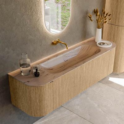 Badmeubel Mondiaz Kurve-Dlux | 160 cm | Meubelkleur Oak | Wastafelkleur Arena | Solid surface | Wasbak midden spoelbak | Zonder kraangat(en)