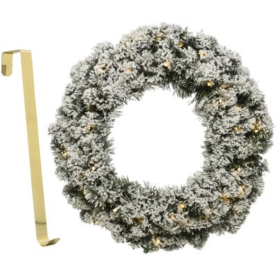 Kerstkrans groen besneeuwd met licht 35 cm kunststof incl. deurhanger