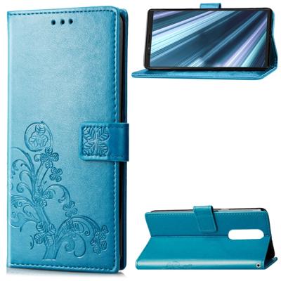 Lucky Clover ingedrukt bloemen patroon lederen draagtas voor Sony Xperia 1/Xperia XZ4 met houder & kaartsleuven & portemonnee & hand strap (blauw)