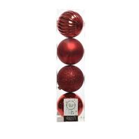 4x Kunststof kerstballen mix kerstrood 10 cm kerstboom versiering/decoratie   -