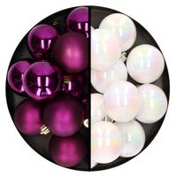 Kerstballen 24x stuks - mix parelmoer wit en paars - 6 cm - kunststof - Kerstbal - thumbnail