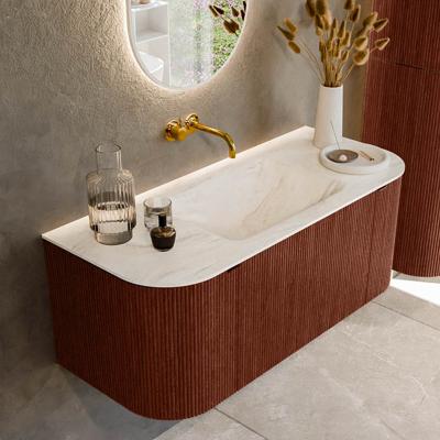 Badmeubel Mondiaz Kurve-Dlux | 110 cm cm | Meubelkleur Ruby | Wastafelkleur Ostra | Solid surface | Wasbak midden spoelbak | Zonder kraangat(en)