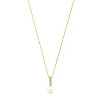 Elegant 14k Geelgouden Collier met Zirkonia en Zoetwaterparel