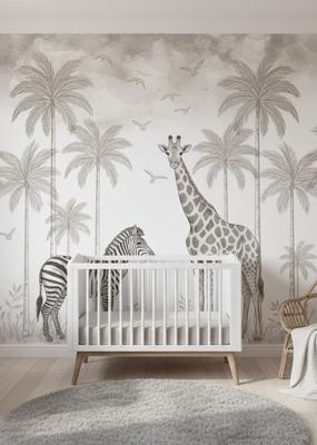 Foto behang babykamer monochrome jungle print