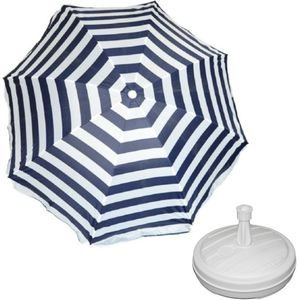 Parasol - blauw/wit - D180 cm - incl. draagtas - parasolvoet - 42 cm